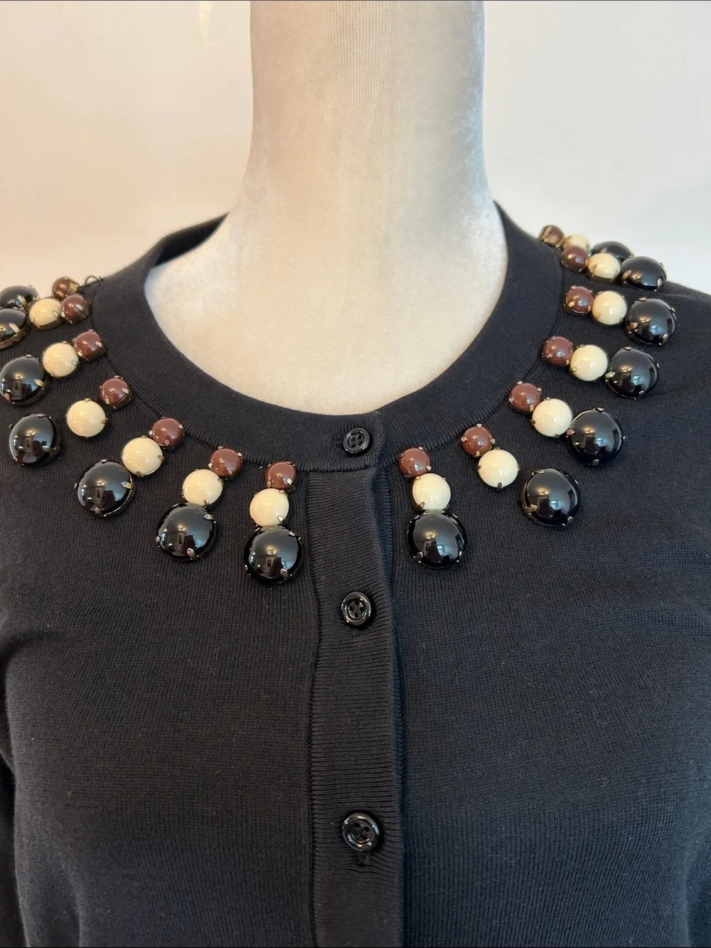 kate spade Black Embellished Crewneck Cardigan with Ivory and Brown Beads